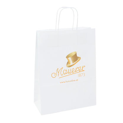 Weiße Papierkordeltaschen mit  Werbemotiv auf der Vorderseite der Tragetasche aus Papier mit Digitaldruck bedruckbar in 3 Größenformaten-hier im Taschenformat 22x10x31-cm