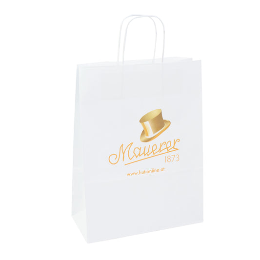 Weiße Papierkordeltaschen mit  Werbemotiv auf der Vorderseite der Tragetasche aus Papier mit Digitaldruck bedruckbar in 3 Größenformaten-hier im Taschenformat 22x10x31-cm