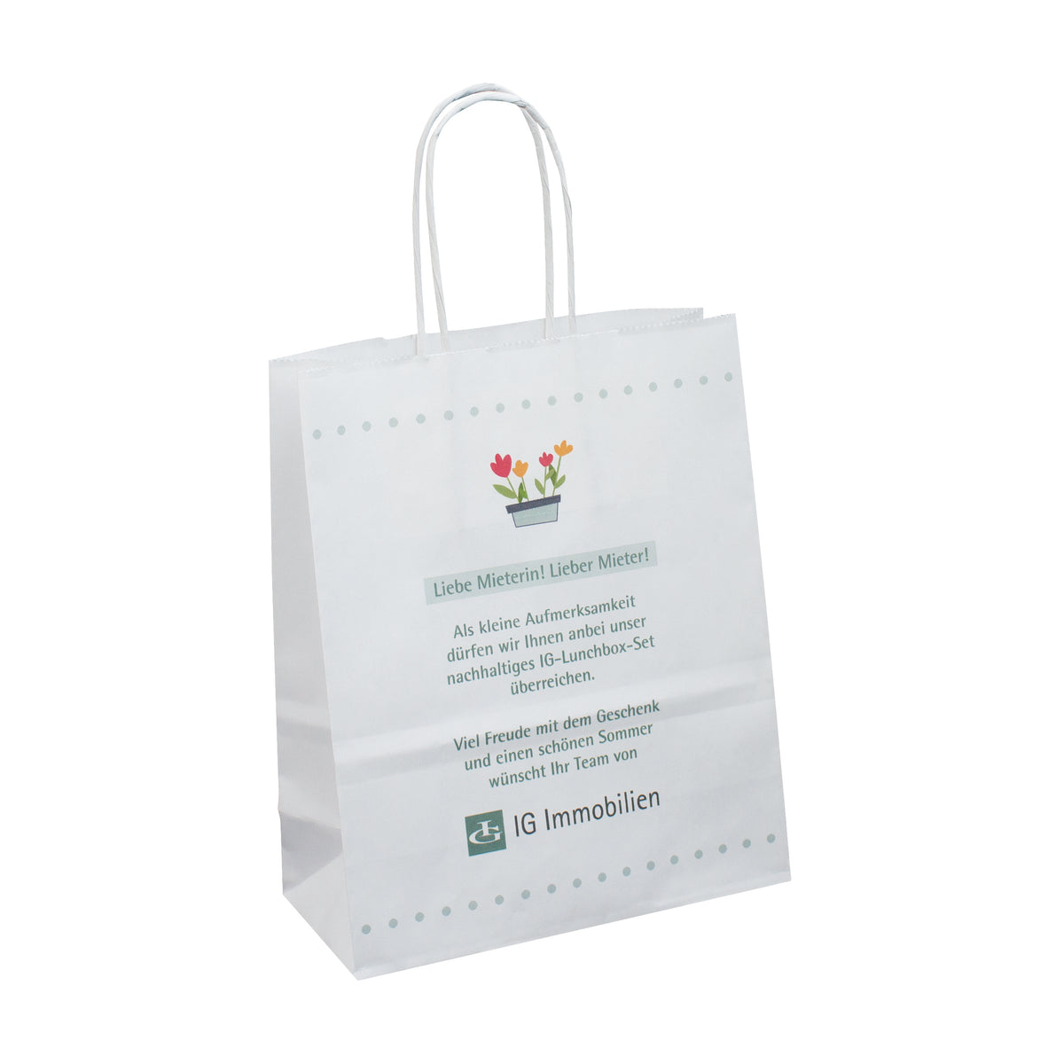 Weiße Papierkordeltaschen mit  Werbemotiv auf der Vorderseite der Tragetasche aus Papier mit Digitaldruck bedruckbar in 3 Größenformaten-hier im Taschenformat 18x8x22-cm, Beispieldruckmotiv