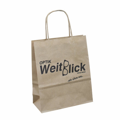 Werbetaschen mit Papierkordelnbedruckt mit ihrem Werbemotiv Exklusive Papiertragetaschen Express Lieferung Werbedruck preiswert schnelle Lieferung mit Druck Farbe Natur, Braun viele Größenformate