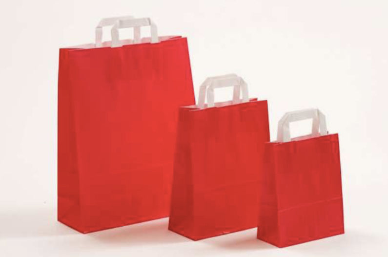 Papierhenkeltache Papiertüte mit weißen Flachhenkeln für den Einzelhandel Messen Boutiquen Shops preiswert 3 unterschiedliche Größenformate schnelle Lieferung preiswert von Max Josef Steinebach GmbH Farbe der Papiertüten Rot